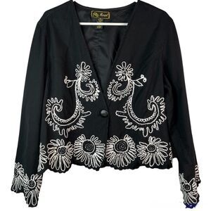 Vintage Marisol Womens Blazer Black White Floral Crop Length White Size L